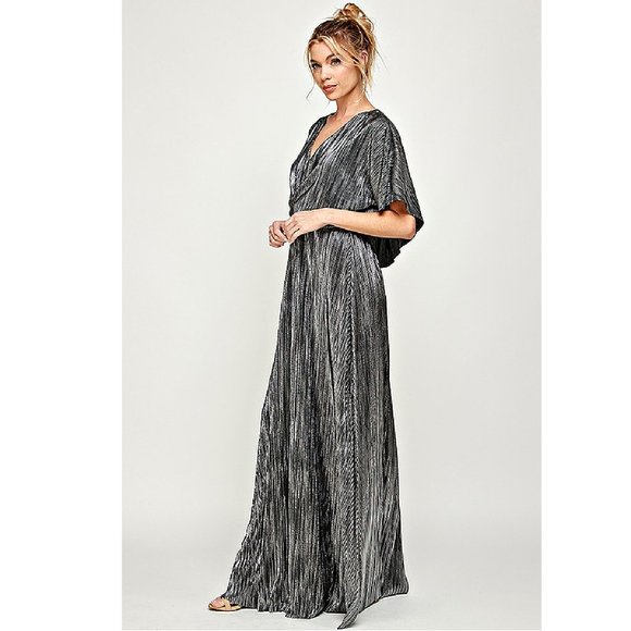 GORGEOUS Silver Crinkle Metallic Threaded Cape Back Maxi Dress S+M+L NEW - Picture 2 of 4